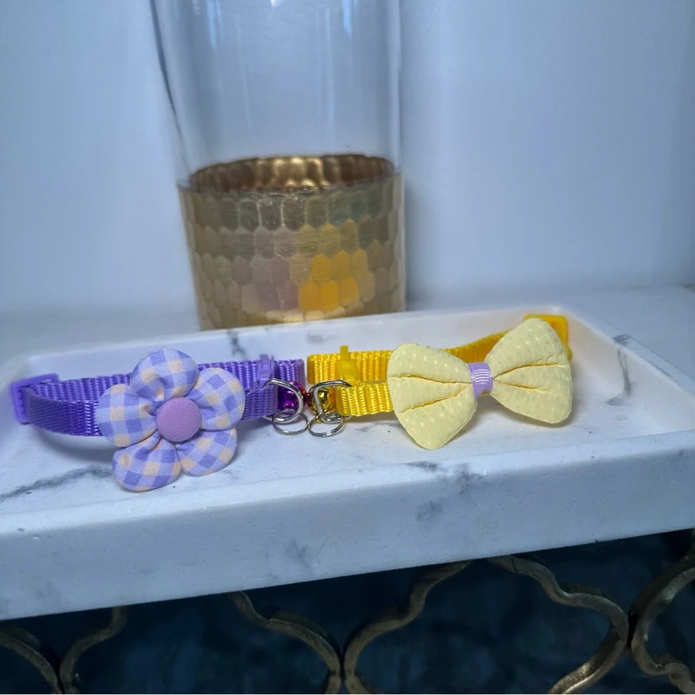 Purple and Yellow Cat Collar Set with Bell Bow and Flower